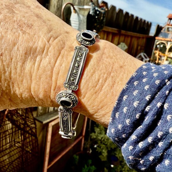 vintage Jewelry - Sterling Silver Panel Bracelet with Marcasite and Black Enamel